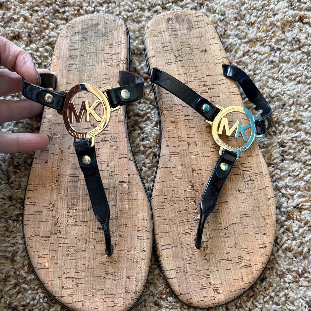 Michael Kors Black and Gold Cork Sandals